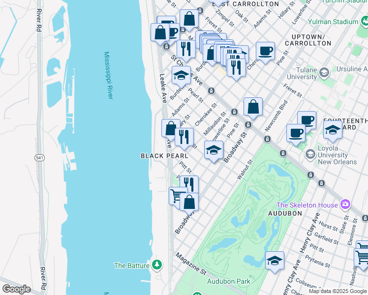 map of restaurants, bars, coffee shops, grocery stores, and more near 7465 Garfield Street in New Orleans