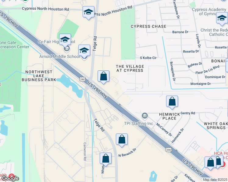 map of restaurants, bars, coffee shops, grocery stores, and more near 22226 Northwest Freeway in Cypress