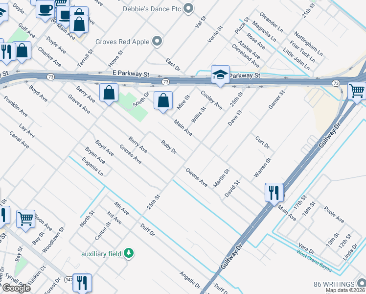 map of restaurants, bars, coffee shops, grocery stores, and more near 2711 Pearl Avenue in Groves