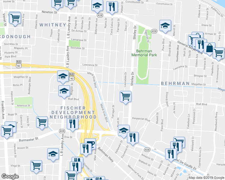 map of restaurants, bars, coffee shops, grocery stores, and more near 1821 Farragut Street in New Orleans