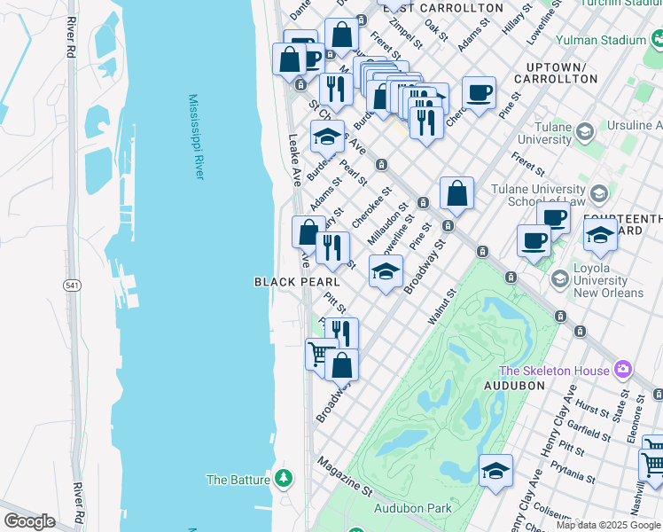 map of restaurants, bars, coffee shops, grocery stores, and more near 7467 Garfield Street in New Orleans