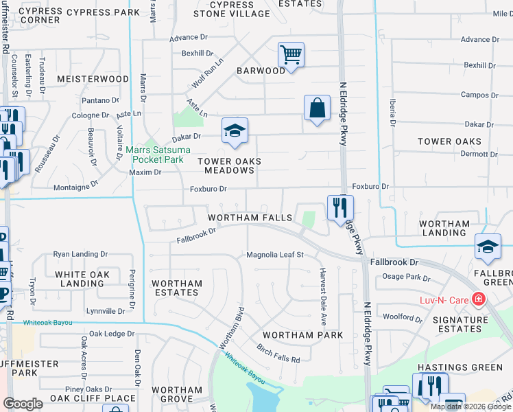 map of restaurants, bars, coffee shops, grocery stores, and more near 11103 Canyon Brook Court in Houston