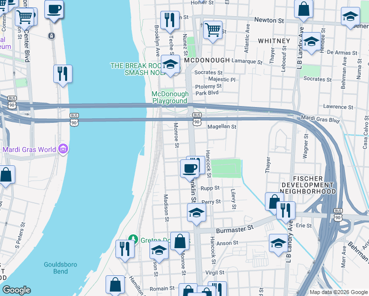 map of restaurants, bars, coffee shops, grocery stores, and more near 714 Columbus Street in Gretna
