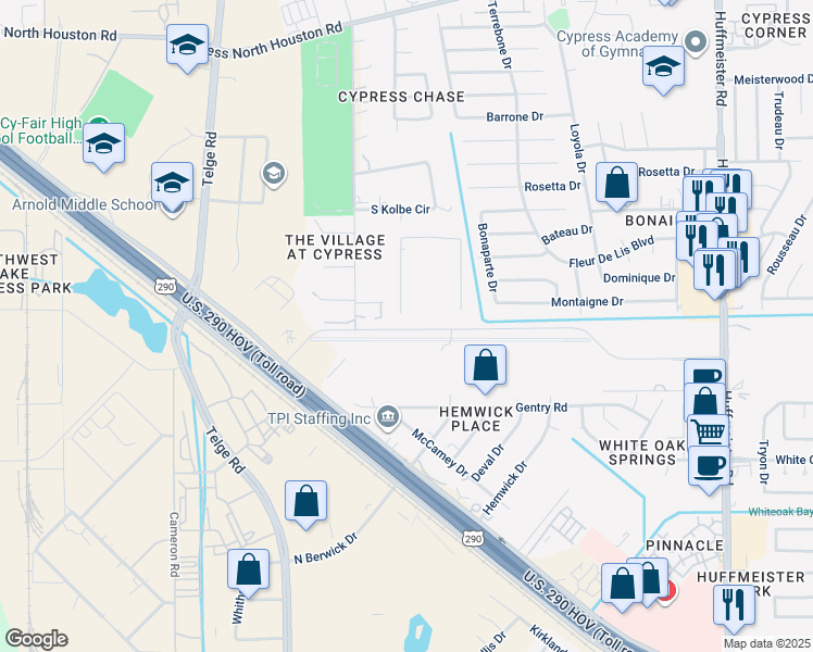 map of restaurants, bars, coffee shops, grocery stores, and more near 14402 Fallbrook Drive in Cypress