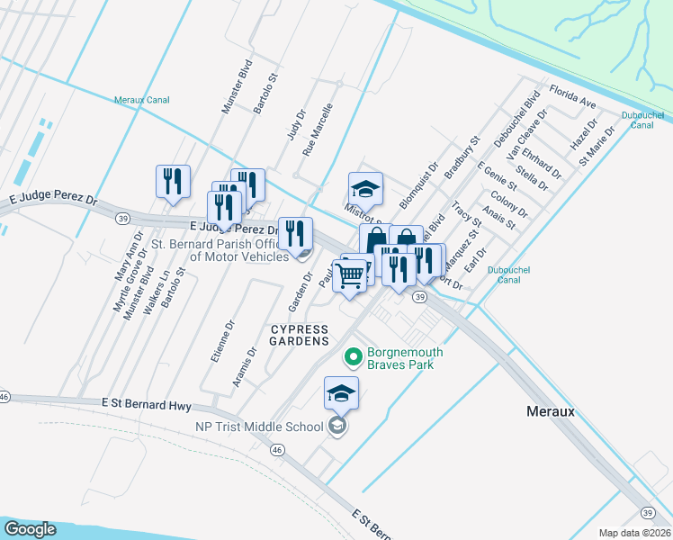 map of restaurants, bars, coffee shops, grocery stores, and more near 2537 Paul Drive in Meraux