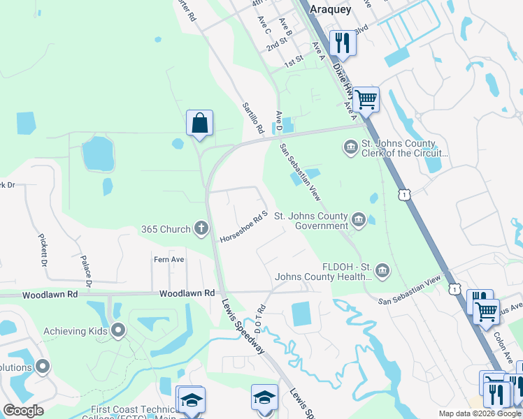 map of restaurants, bars, coffee shops, grocery stores, and more near 460 Horseshoe Road South in St. Augustine