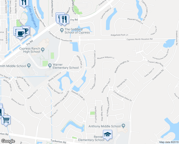 map of restaurants, bars, coffee shops, grocery stores, and more near 26818 Sweetstone Springs Court in Cypress