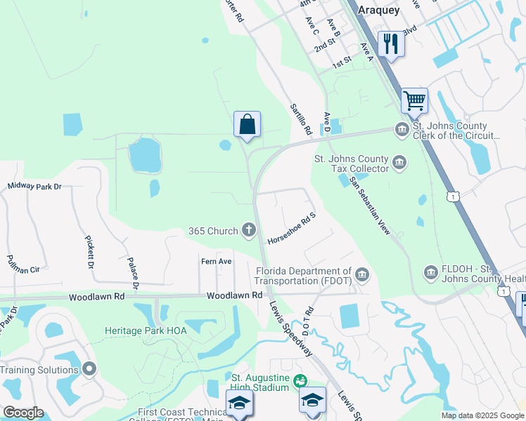 map of restaurants, bars, coffee shops, grocery stores, and more near 3656 Lewis Speedway in St. Augustine