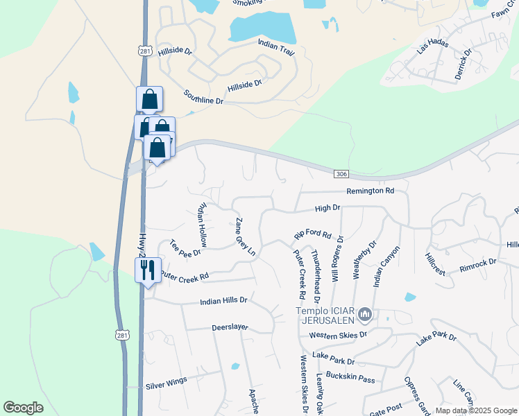 map of restaurants, bars, coffee shops, grocery stores, and more near 257 High Meadow Drive in Spring Branch