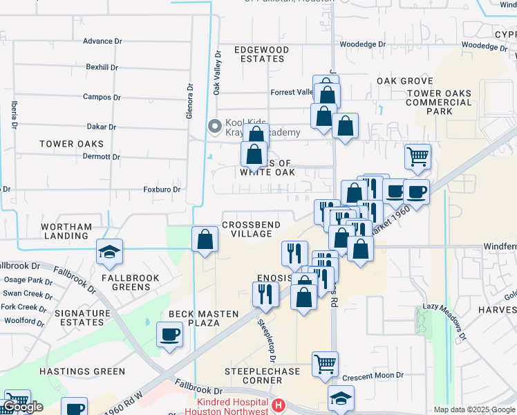 map of restaurants, bars, coffee shops, grocery stores, and more near 11214 Chelsea Oak Street in Houston