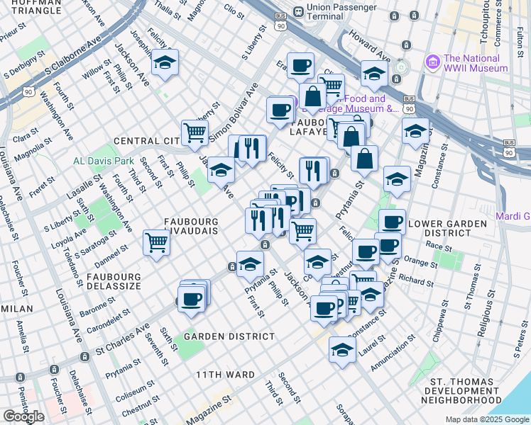 map of restaurants, bars, coffee shops, grocery stores, and more near 2127 Carondelet Street in New Orleans