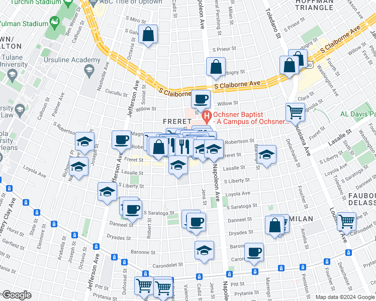 map of restaurants, bars, coffee shops, grocery stores, and more near 2519 Cadiz Street in New Orleans