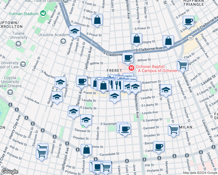 map of restaurants, bars, coffee shops, grocery stores, and more near 2522 Valence Street in New Orleans