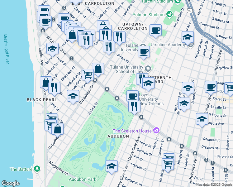 map of restaurants, bars, coffee shops, grocery stores, and more near 1 Audubon Place in New Orleans