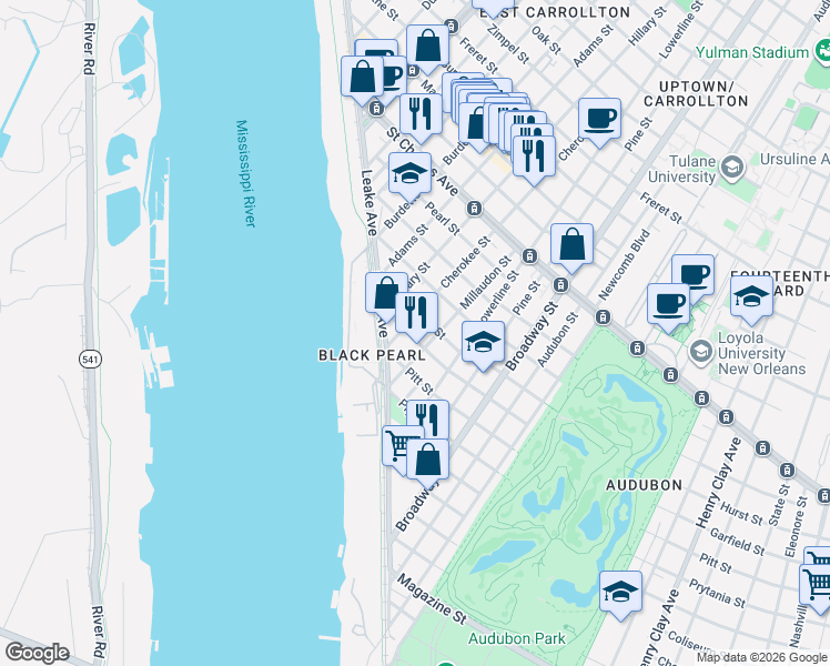 map of restaurants, bars, coffee shops, grocery stores, and more near 244 Millaudon Street in New Orleans