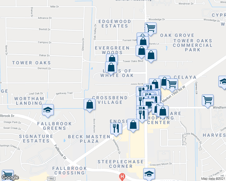 map of restaurants, bars, coffee shops, grocery stores, and more near 11214 Chelsea Oak Street in Houston
