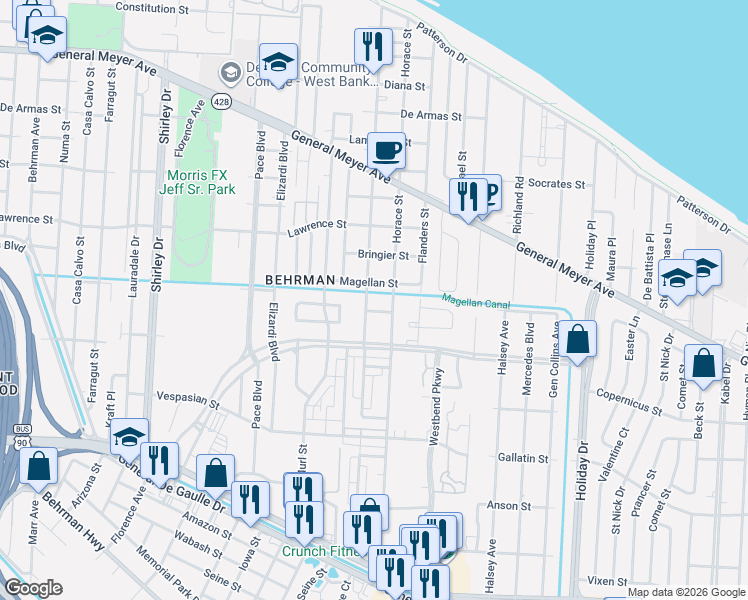 map of restaurants, bars, coffee shops, grocery stores, and more near 1826 Odeon Avenue in New Orleans