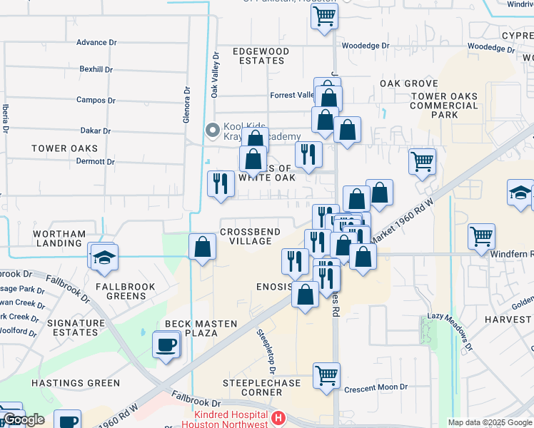 map of restaurants, bars, coffee shops, grocery stores, and more near 11214 Chelsea Oak Street in Houston