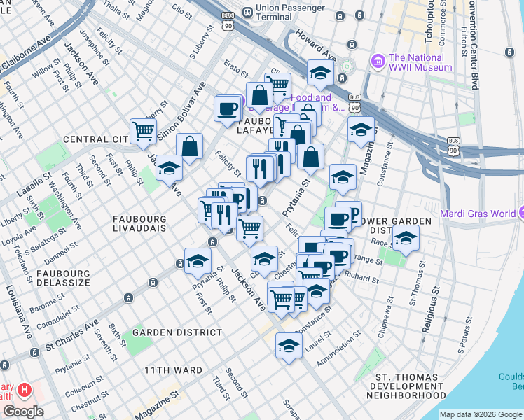 map of restaurants, bars, coffee shops, grocery stores, and more near 1900 Saint Charles Avenue in New Orleans