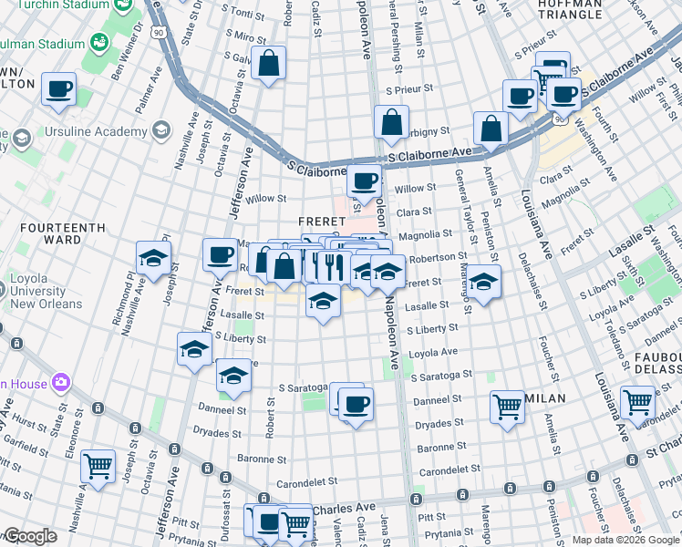 map of restaurants, bars, coffee shops, grocery stores, and more near 2525 Cadiz Street in New Orleans