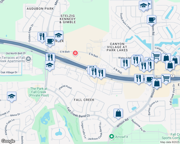 map of restaurants, bars, coffee shops, grocery stores, and more near 8550 North Sam Houston Parkway East in Humble