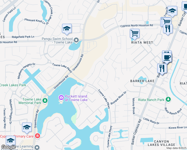 map of restaurants, bars, coffee shops, grocery stores, and more near 18002 Wichita River Way in Cypress