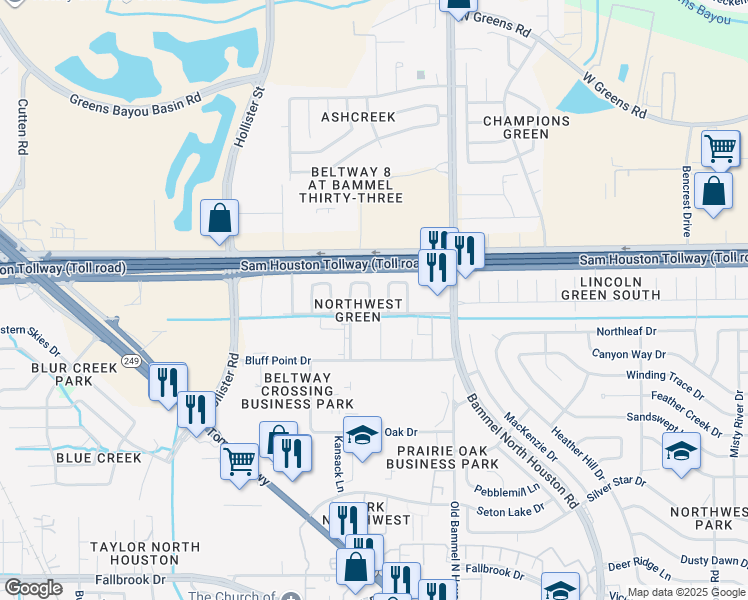 map of restaurants, bars, coffee shops, grocery stores, and more near 10910 Allison Bend Court in Houston