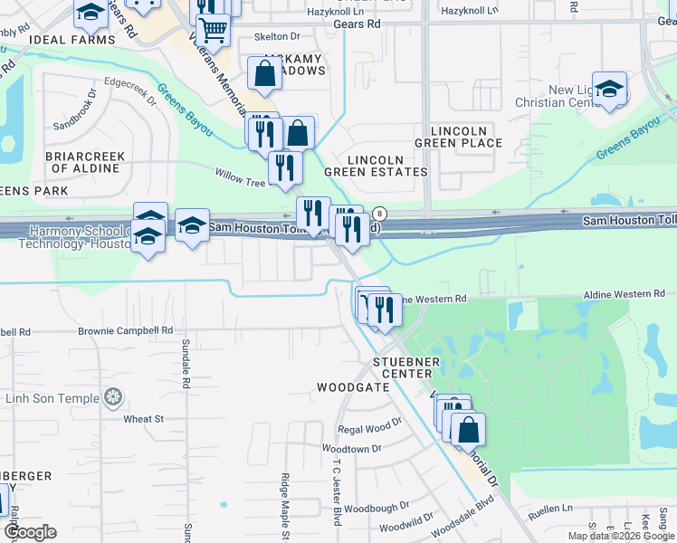 map of restaurants, bars, coffee shops, grocery stores, and more near 2703 Marshwood Road in Houston