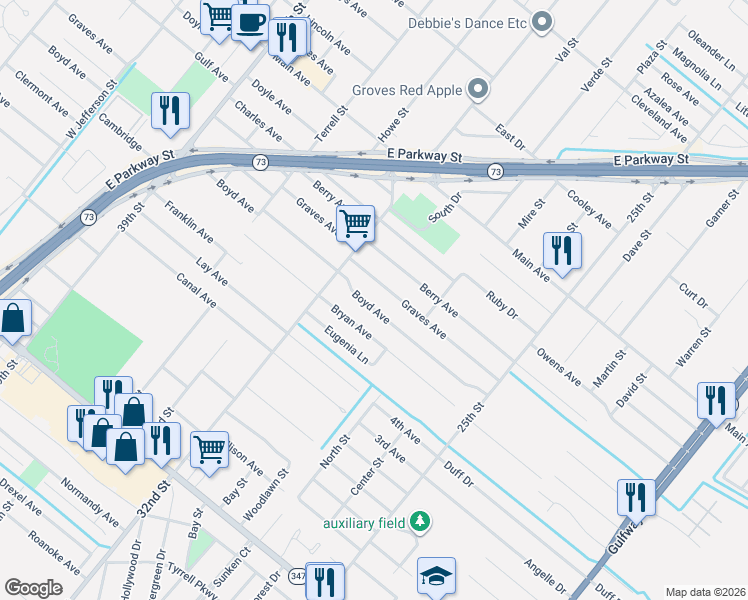 map of restaurants, bars, coffee shops, grocery stores, and more near 3110 Boyd Avenue in Groves