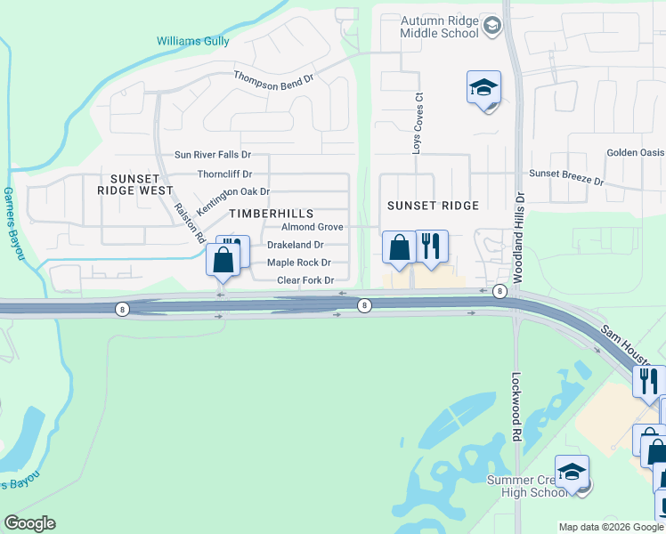 map of restaurants, bars, coffee shops, grocery stores, and more near 11110 Maple Rock Drive in Humble