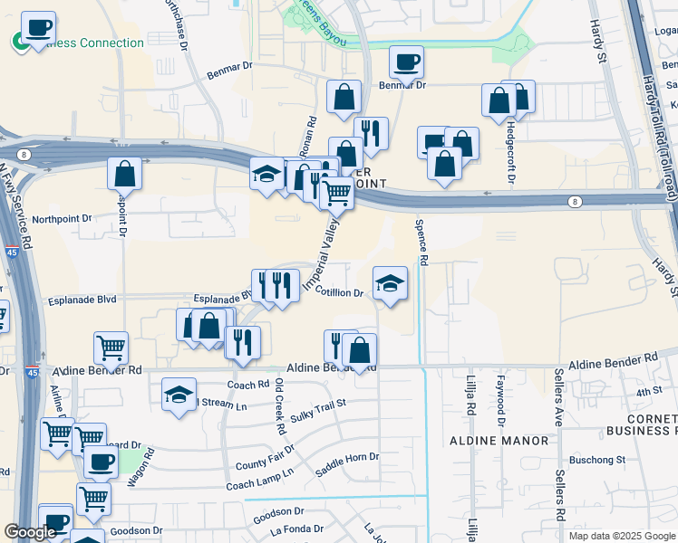 map of restaurants, bars, coffee shops, grocery stores, and more near 16250 Imperial Valley Drive in Houston
