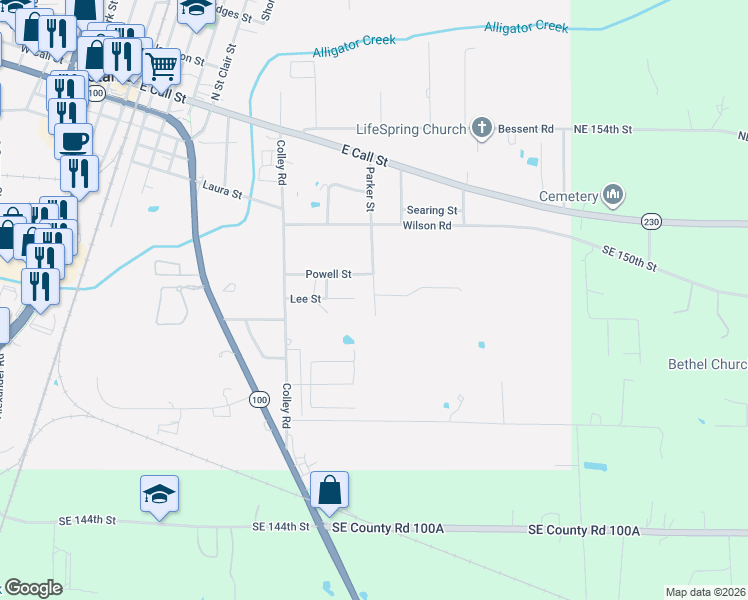 map of restaurants, bars, coffee shops, grocery stores, and more near 846 Parker St in Starke