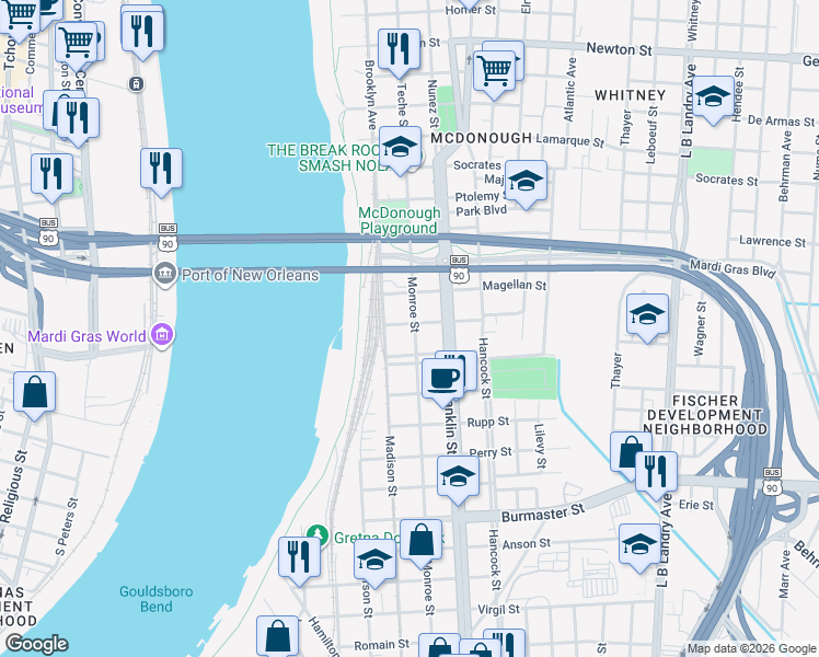 map of restaurants, bars, coffee shops, grocery stores, and more near 401 Monroe Street in Gretna
