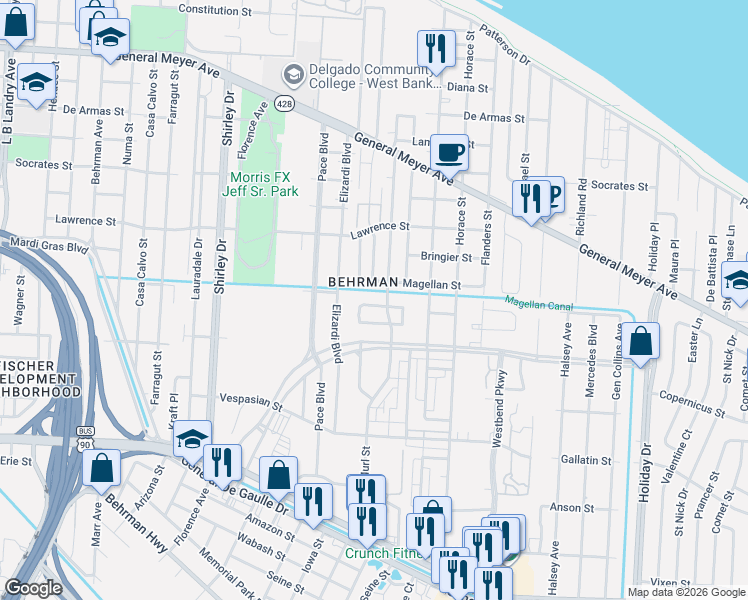 map of restaurants, bars, coffee shops, grocery stores, and more near 2947 Americus Street in New Orleans