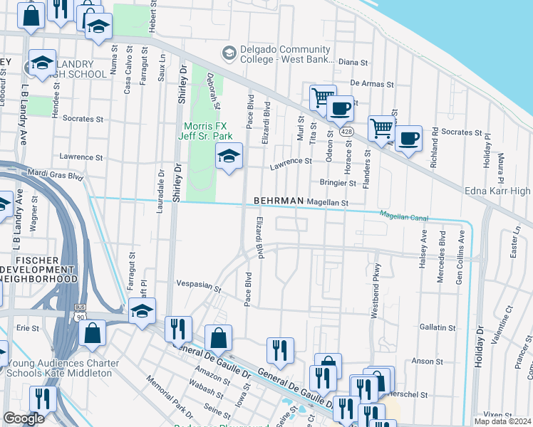 map of restaurants, bars, coffee shops, grocery stores, and more near 1725 Elizardi Boulevard in New Orleans