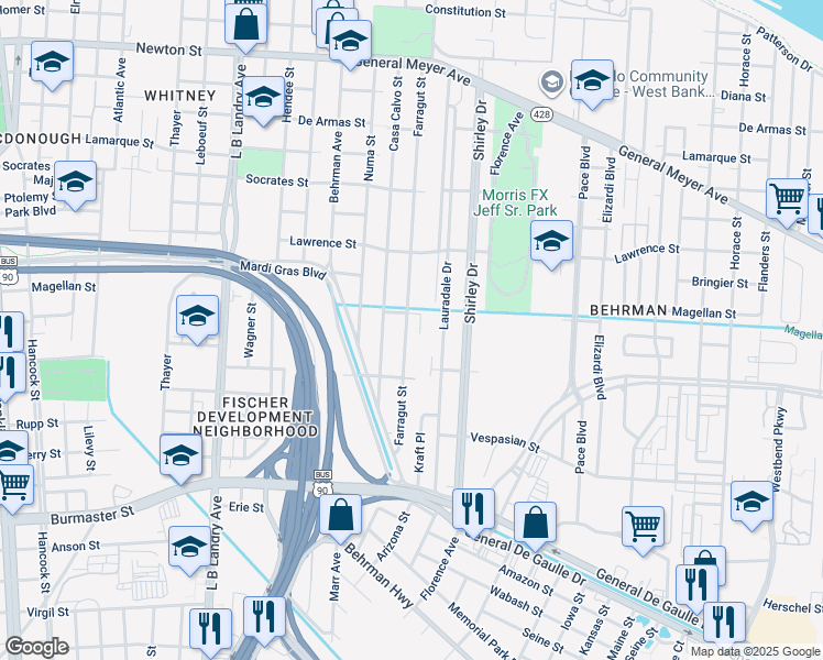 map of restaurants, bars, coffee shops, grocery stores, and more near 1821 Farragut Street in New Orleans