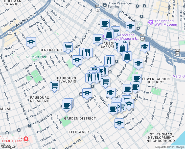 map of restaurants, bars, coffee shops, grocery stores, and more near 2127 Carondelet Street in New Orleans