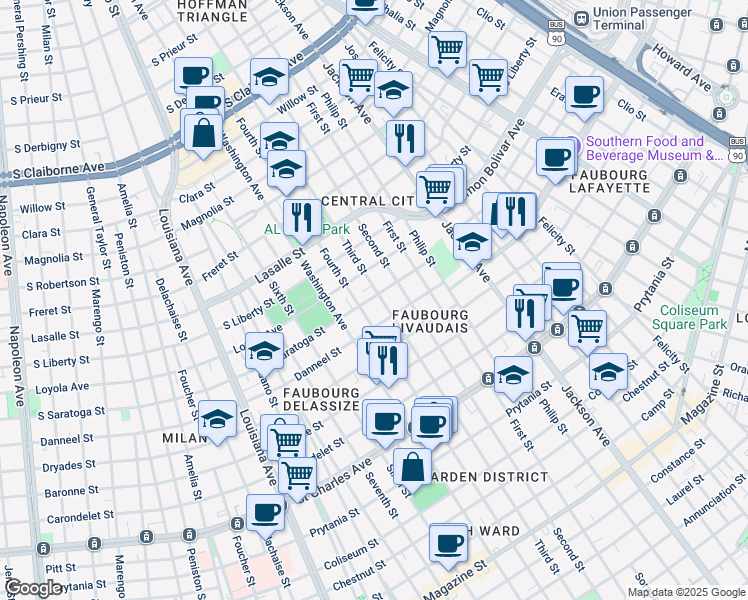 map of restaurants, bars, coffee shops, grocery stores, and more near 2014 Third Street in New Orleans