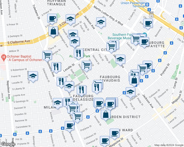 map of restaurants, bars, coffee shops, grocery stores, and more near 2141 Washington Avenue in New Orleans