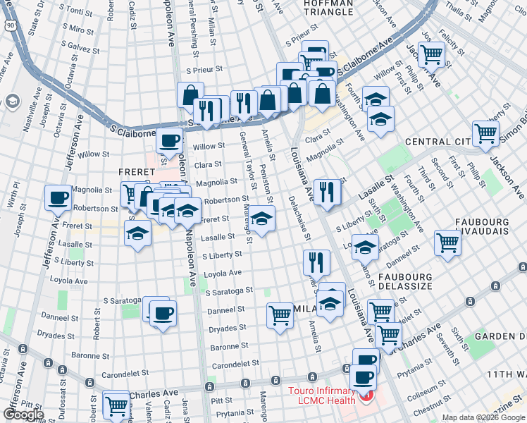 map of restaurants, bars, coffee shops, grocery stores, and more near 3902 Freret Street in New Orleans