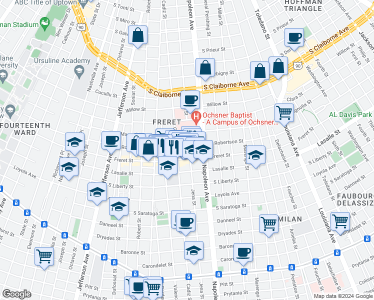 map of restaurants, bars, coffee shops, grocery stores, and more near 2519 Cadiz Street in New Orleans