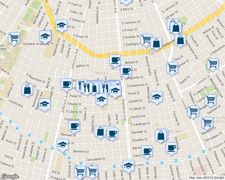 map of restaurants, bars, coffee shops, grocery stores, and more near 2519 Cadiz Street in New Orleans