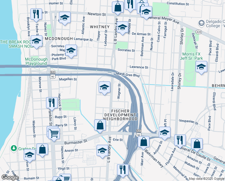map of restaurants, bars, coffee shops, grocery stores, and more near 1912 L B Landry Avenue in New Orleans