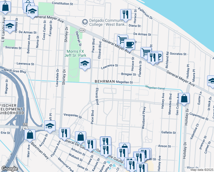 map of restaurants, bars, coffee shops, grocery stores, and more near 2947 Americus Street in New Orleans