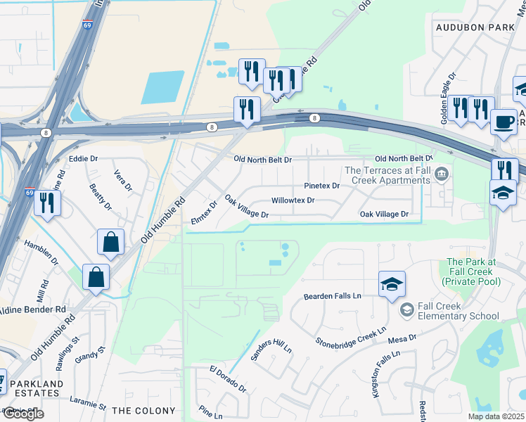 map of restaurants, bars, coffee shops, grocery stores, and more near 7034 Oak Village Drive in Humble