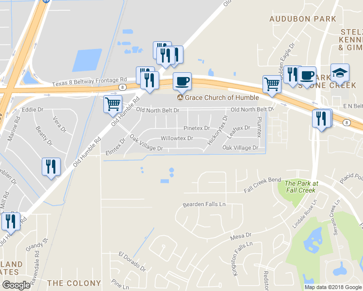 map of restaurants, bars, coffee shops, grocery stores, and more near 7207 Oak Village Drive in Humble