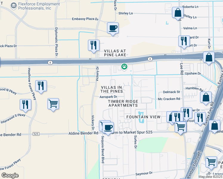 map of restaurants, bars, coffee shops, grocery stores, and more near 15001 Crosswinds Drive in Houston