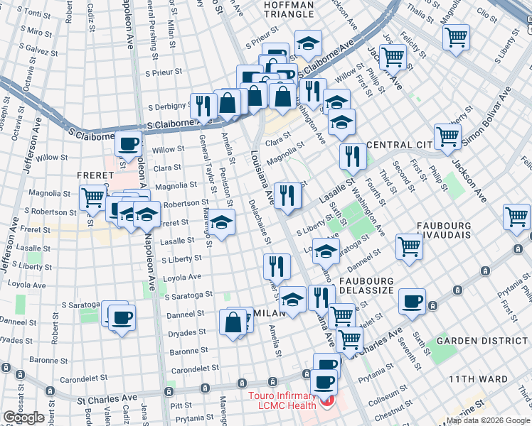 map of restaurants, bars, coffee shops, grocery stores, and more near 2411 Delachaise Street in New Orleans