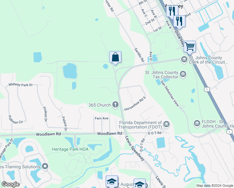 map of restaurants, bars, coffee shops, grocery stores, and more near 3656 Lewis Speedway in St. Augustine