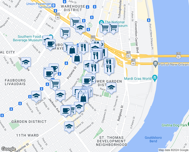 map of restaurants, bars, coffee shops, grocery stores, and more near 1432 Magazine Street in New Orleans